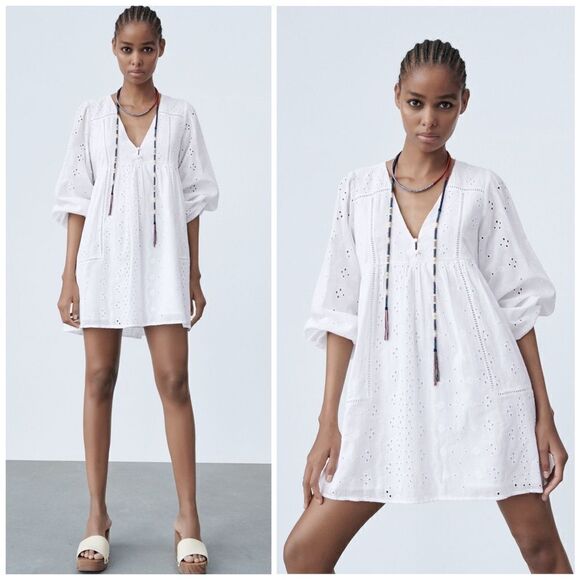 Zara Embroidered Dress White New - Picture 1 of 9